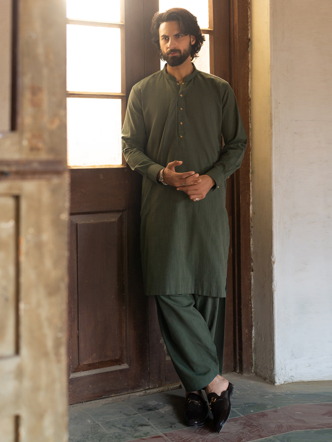 Olive Green Cut & Sew Kameez Shalwar - AL-KS-3503