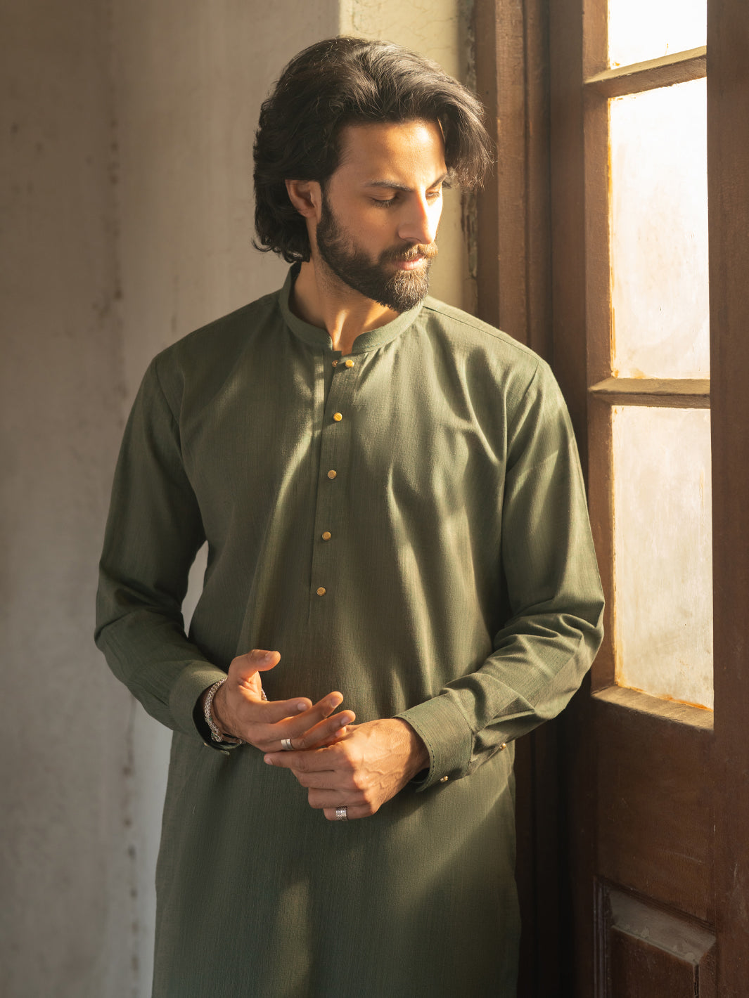 Olive Green Cut & Sew Kameez Shalwar - AL-KS-3503