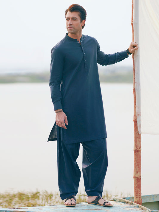 Dark Blue Cut & Sew Kameez Shalwar - AL-KS-3505