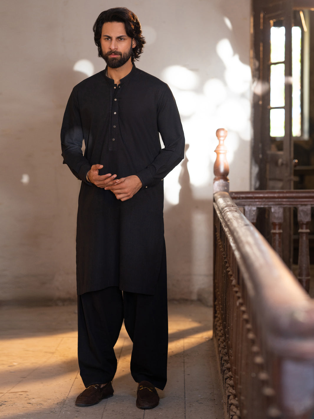 Black Cut & Sew Kameez Shalwar  - Men Kameez Shalwar-Au Series | ALMIRAH