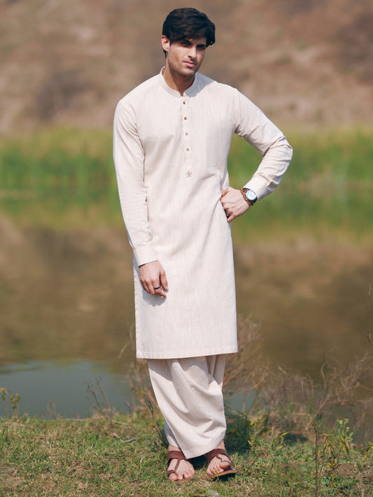 Beige Cut & Sew Kameez Shalwar - AL-KS-3507