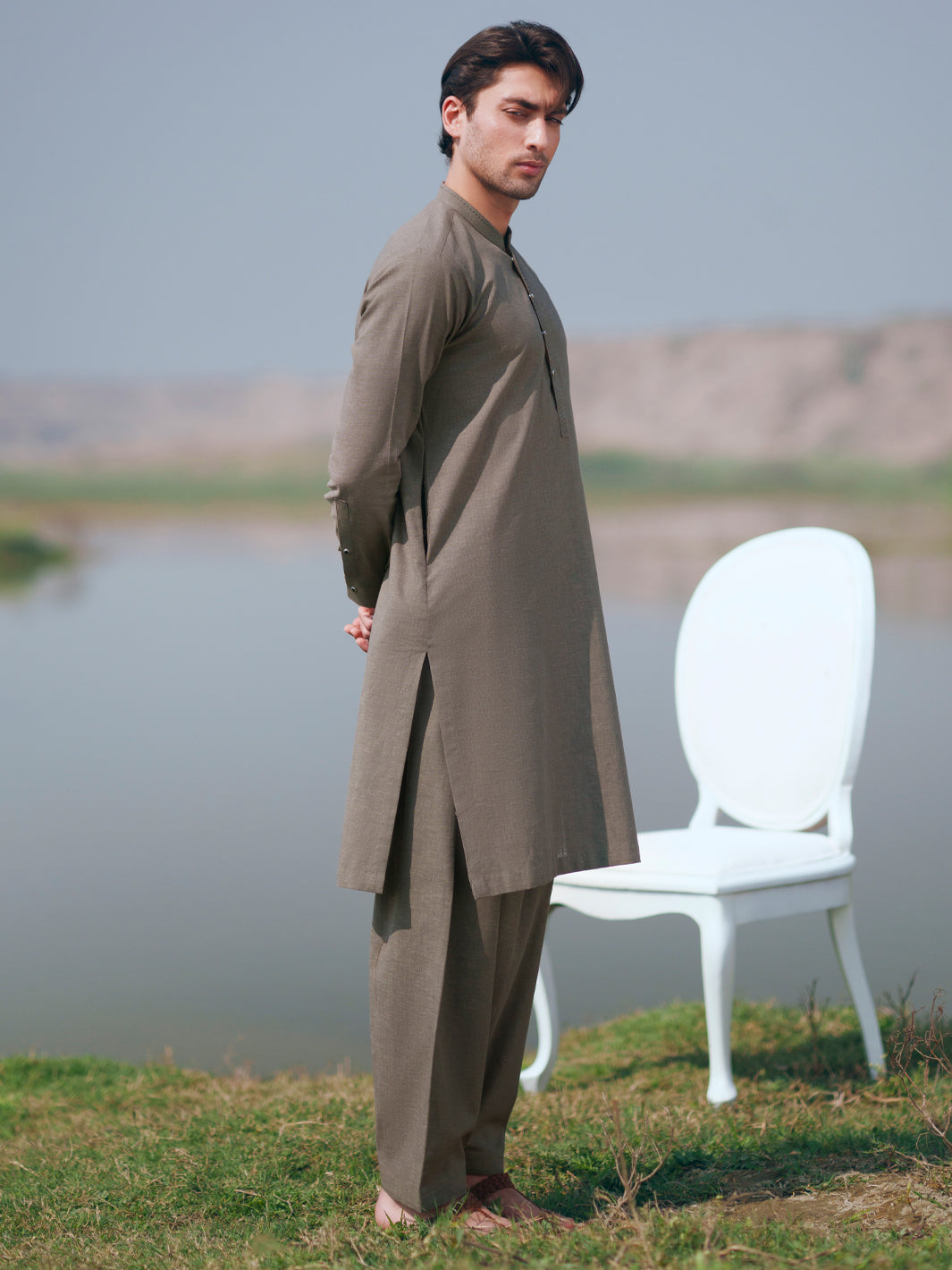 Olive Green Cut & Sew Kameez Shalwar - AL-KS-3509