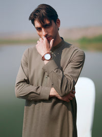 Olive Green Cut & Sew Kameez Shalwar - AL-KS-3509