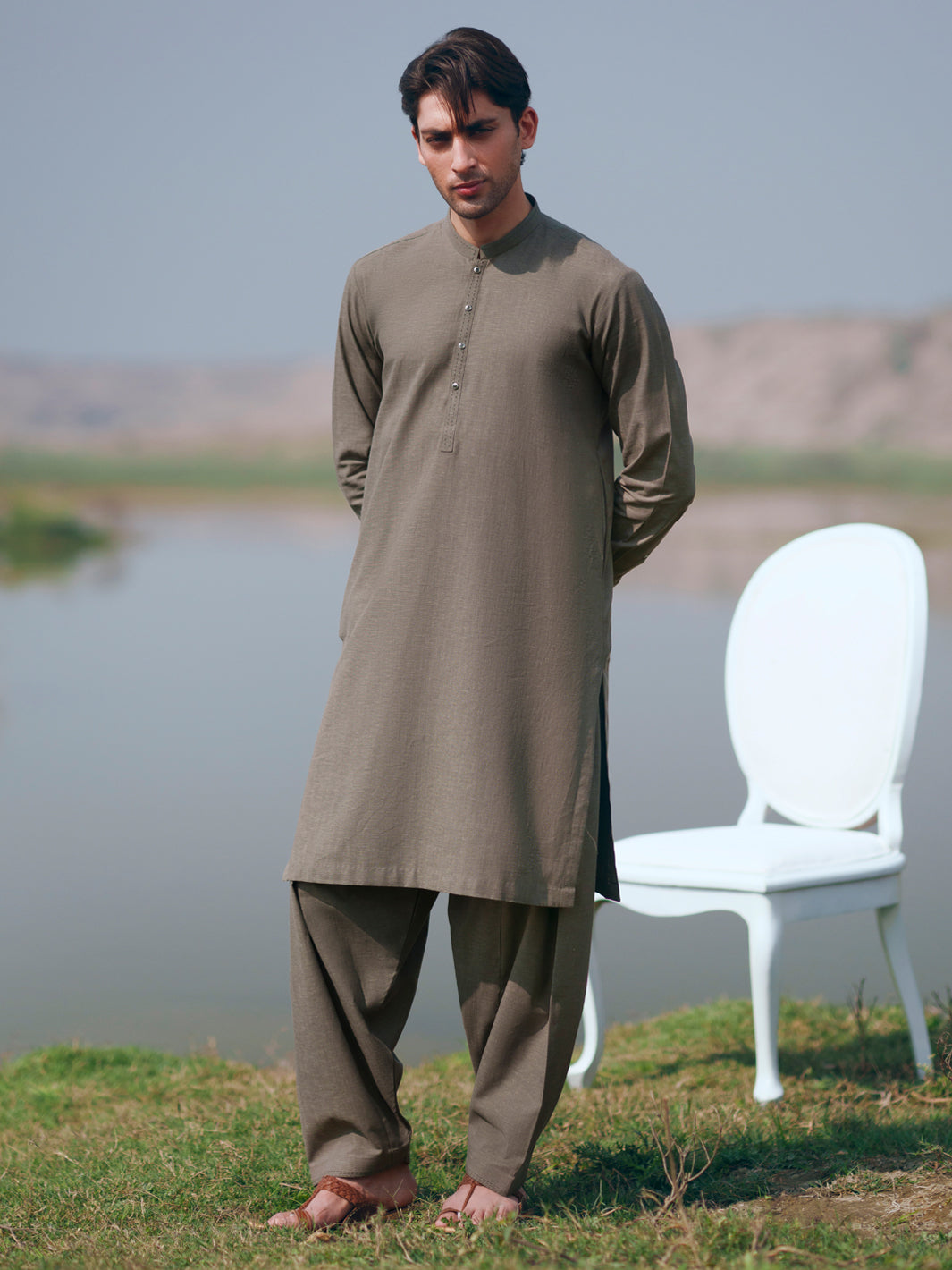 Olive Green Cut & Sew Kameez Shalwar  - Men Kameez Shalwar | ALMIRAH