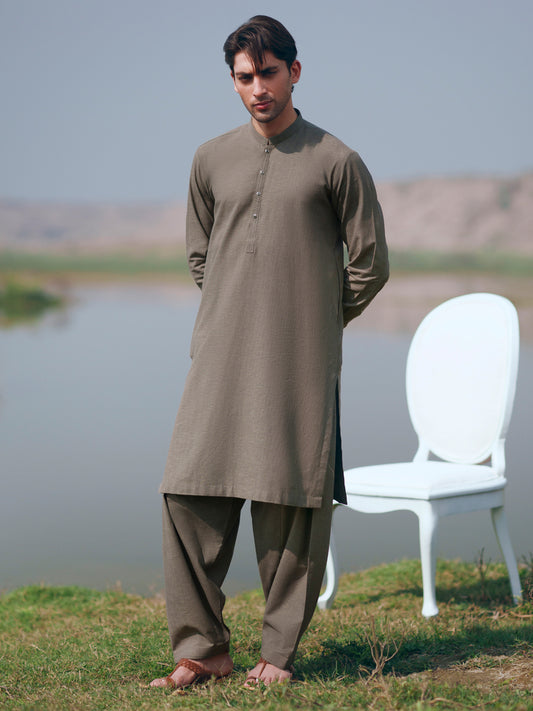 Olive Green Cut & Sew Kameez Shalwar - AL-KS-3509