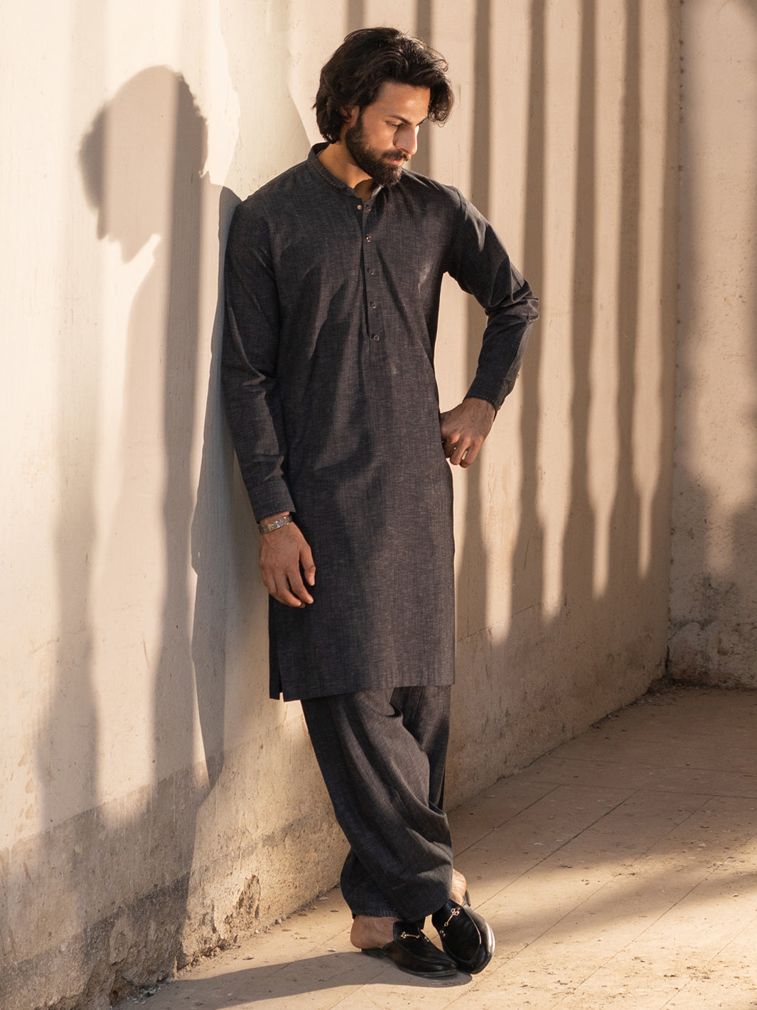 Charcoal Grey Cut & Sew Kameez Shalwar  - Men Kameez Shalwar-Au Series | ALMIRAH