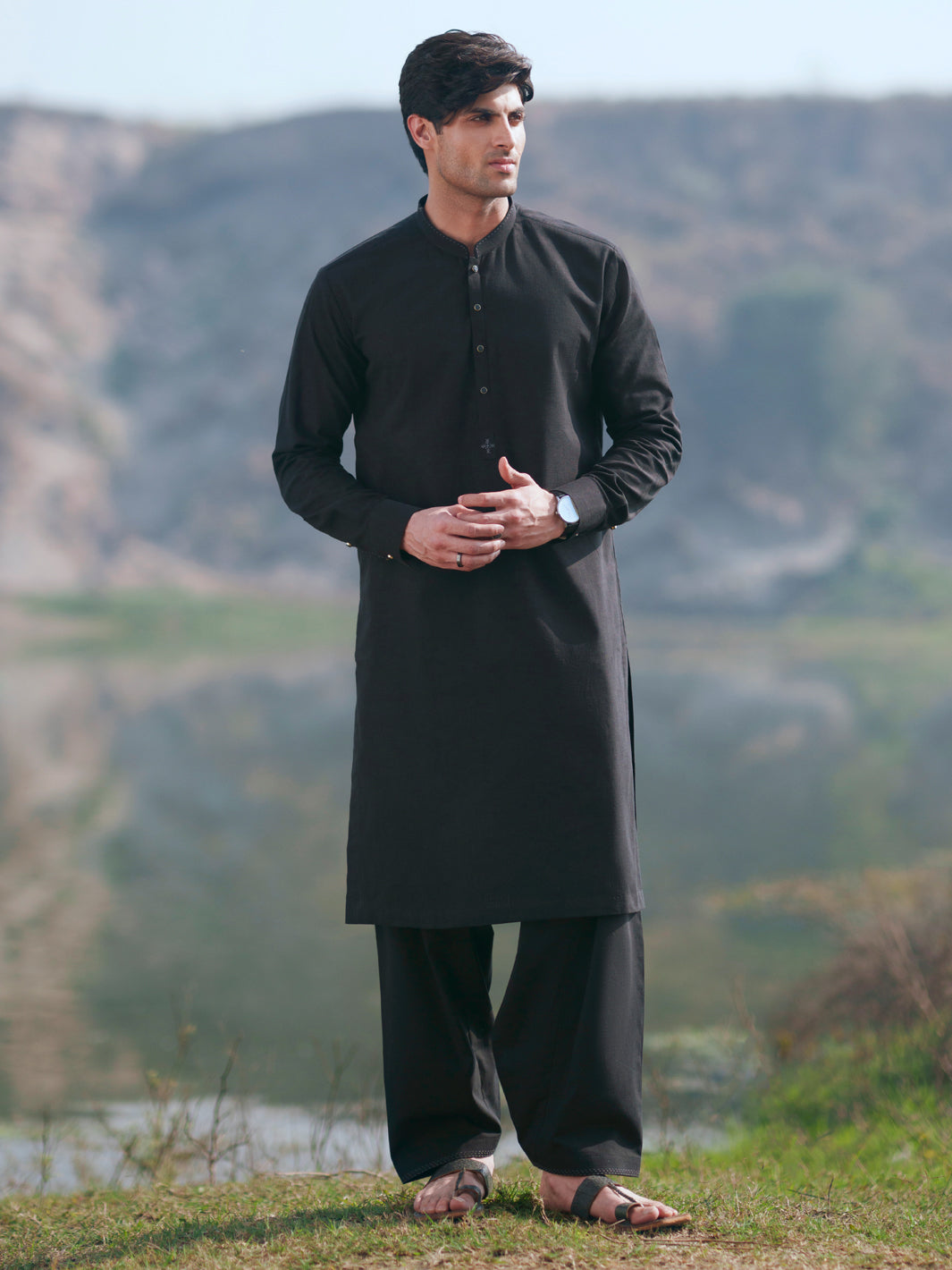 Black Cut & Sew Kameez Shalwar  - Men Kameez Shalwar | ALMIRAH