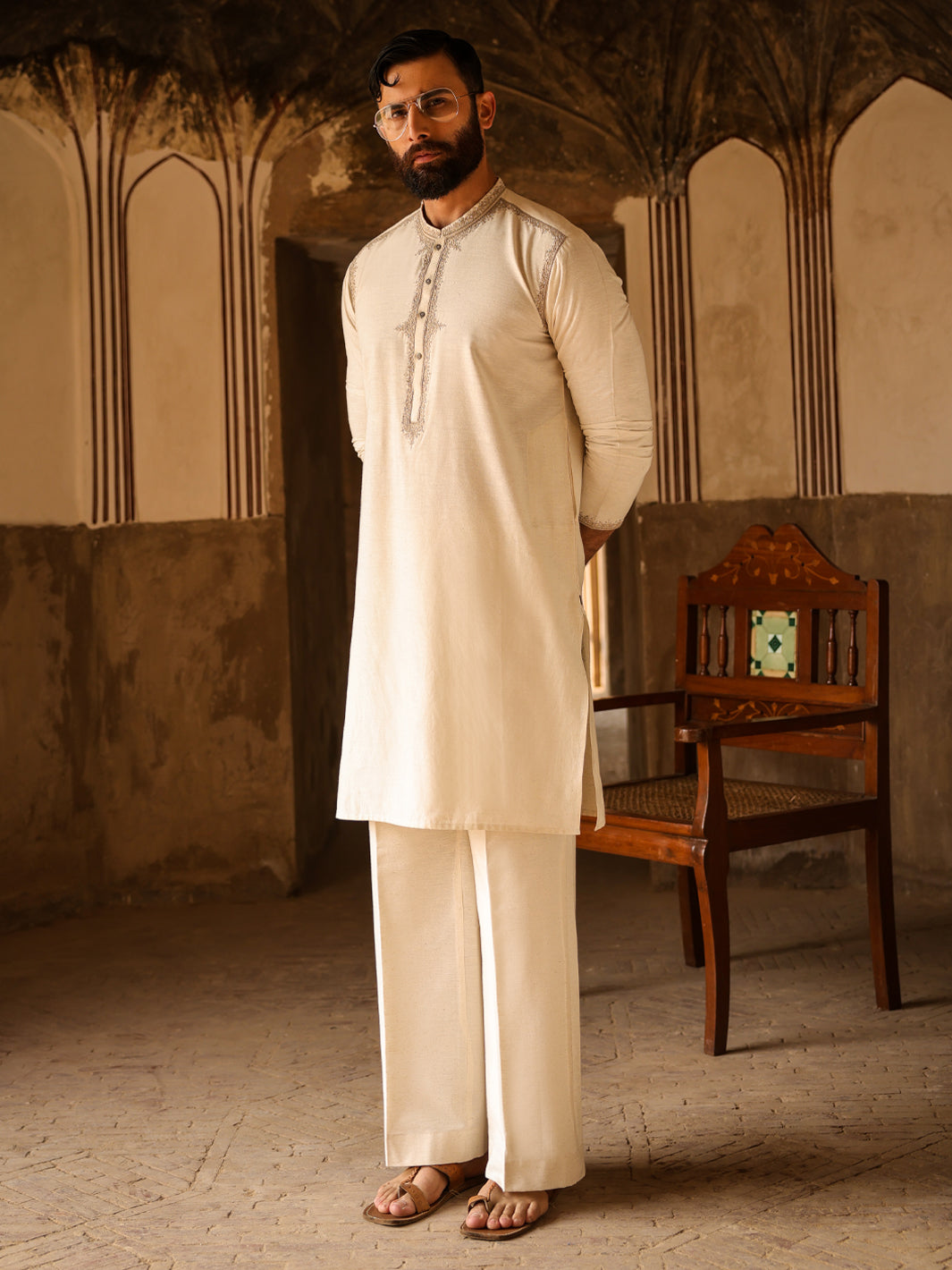 Off White Cut & Sew Kurta Trousers - AL-KT-3294