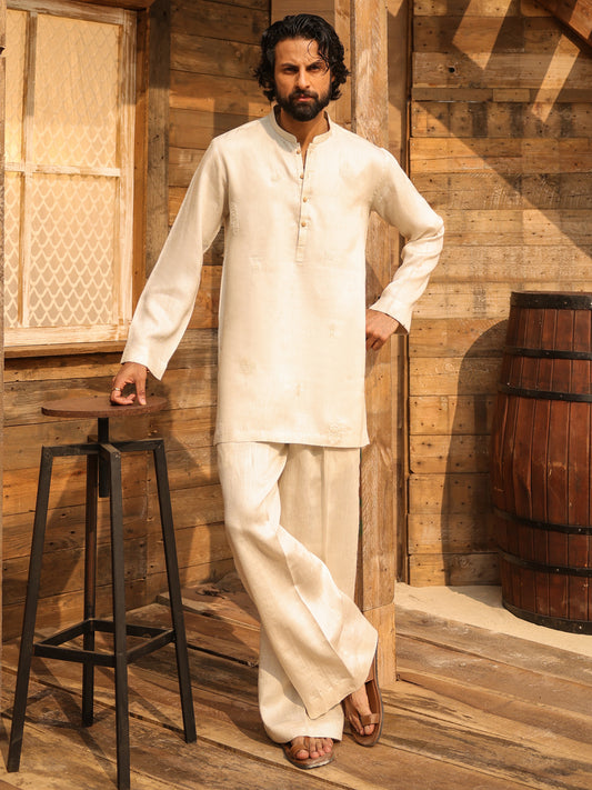 Off White Cotton Semi-Formal Kurta Trousers - AL-KT-3314