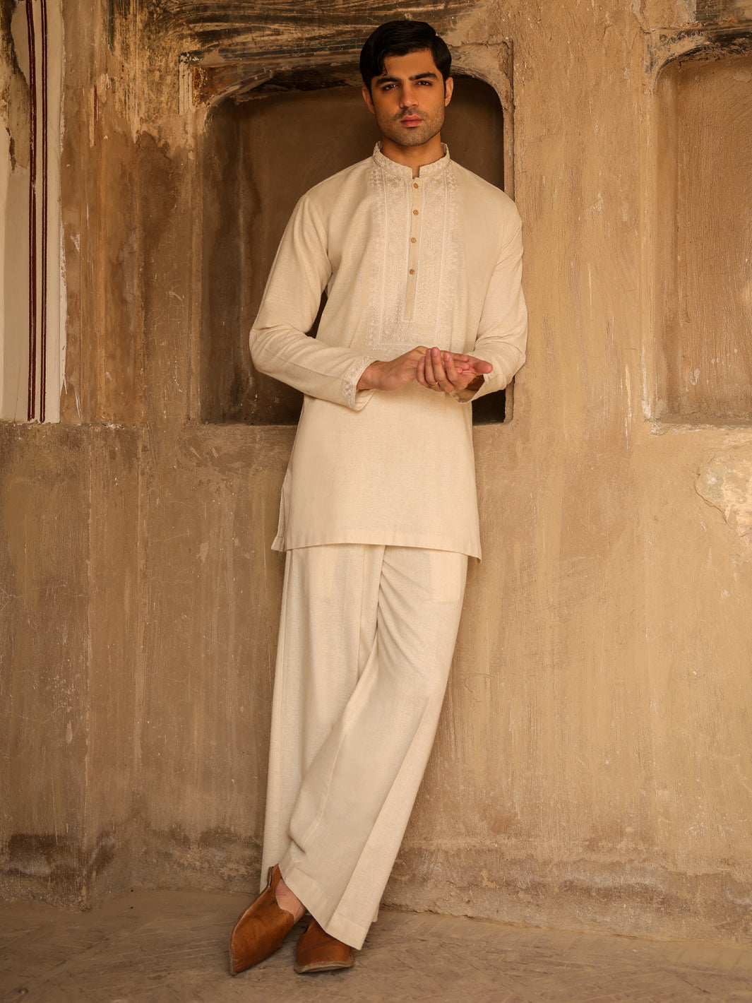 Cream Semi-Formal Kurta Trousers - AL-KT-3320