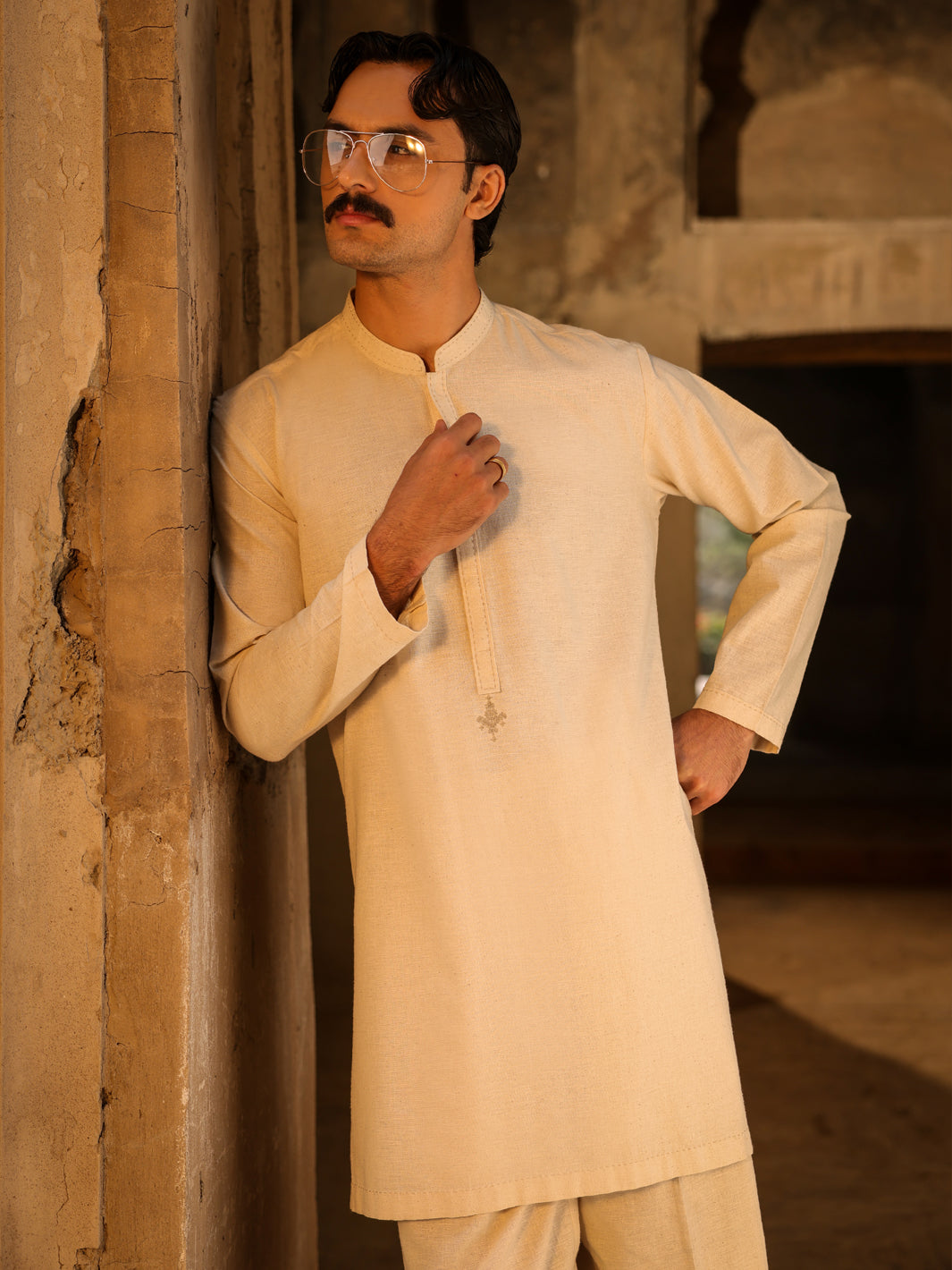 Cream Semi-Formal Kurta Trousers - AL-KT-3323A