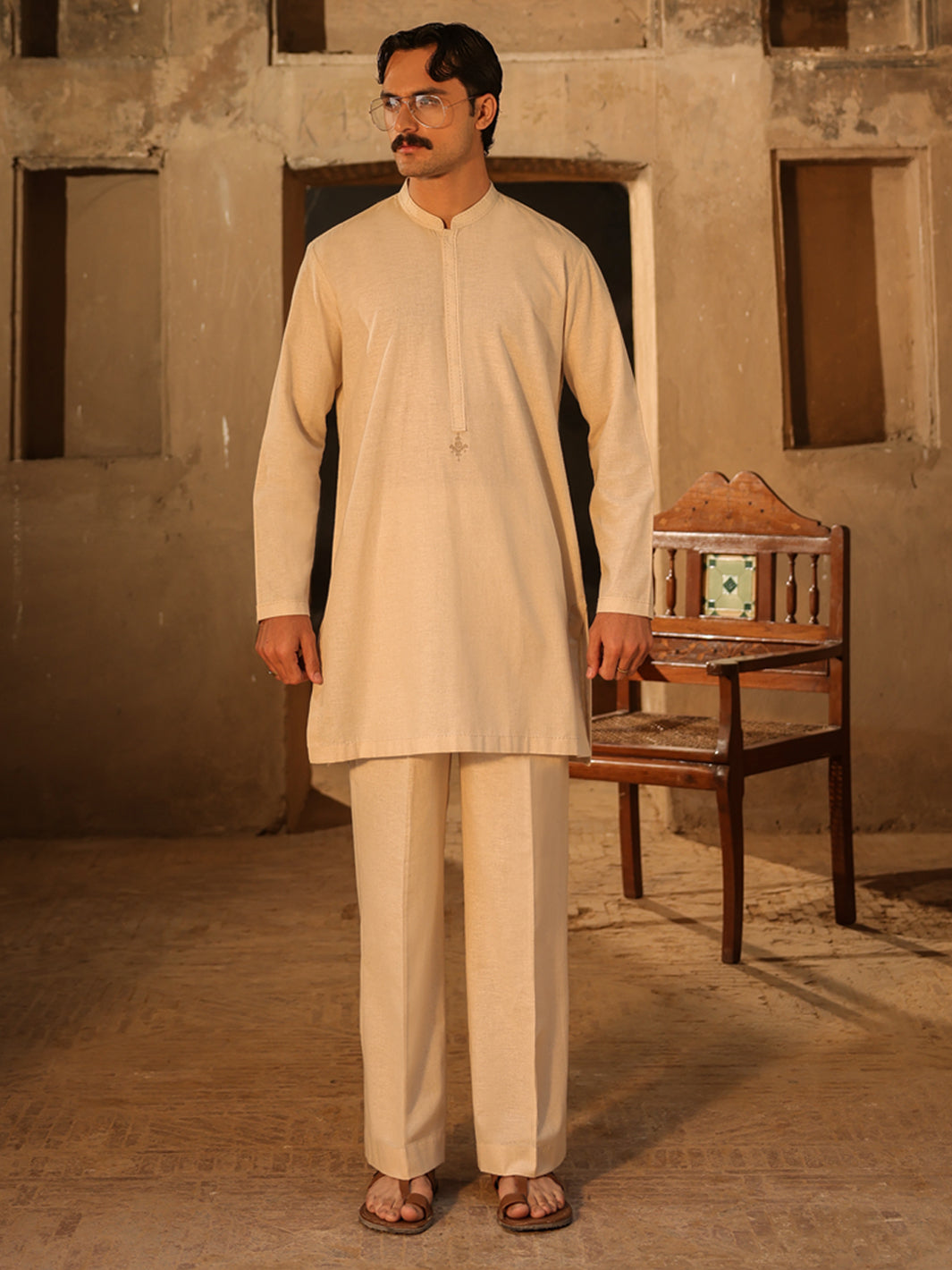 Cream Semi-Formal Kurta Trousers - AL-KT-3323A