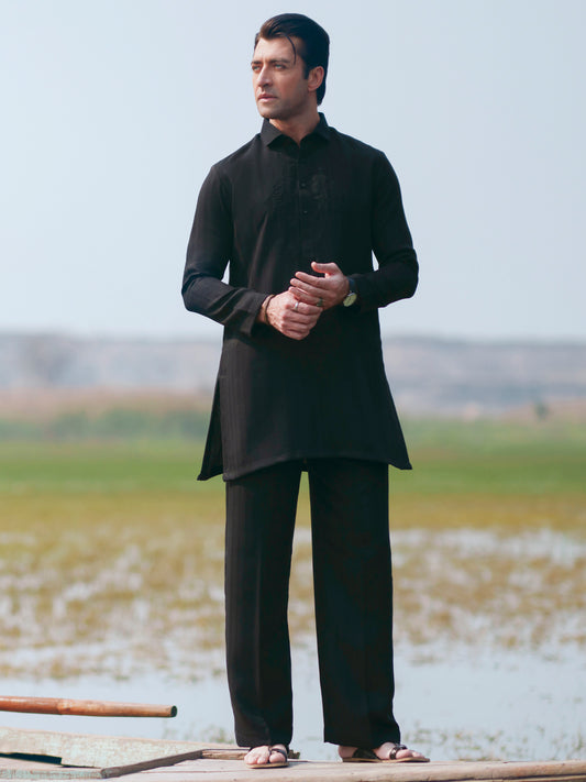 Black Cotton Semi-Formal Kurta Trousers - AL-KT-3368