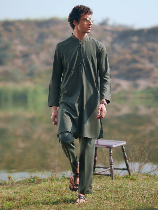 Green Semi-Formal Kurta Trousers - AL-KT-3402A
