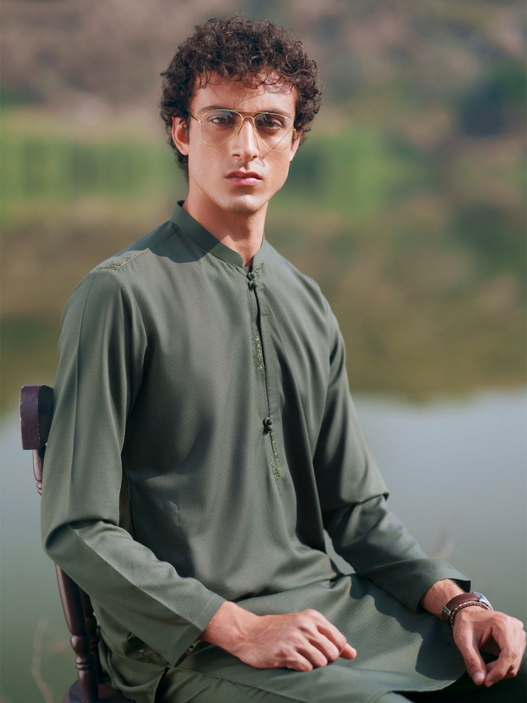 Green Semi-Formal Kurta Trousers - AL-KT-3402A