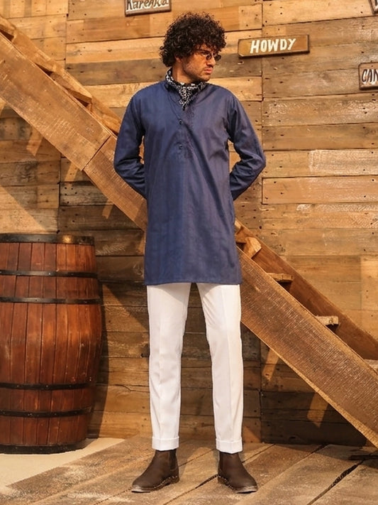 Dark Blue Cotton Screen Printed Kurta Trouser - AL-KT-3408