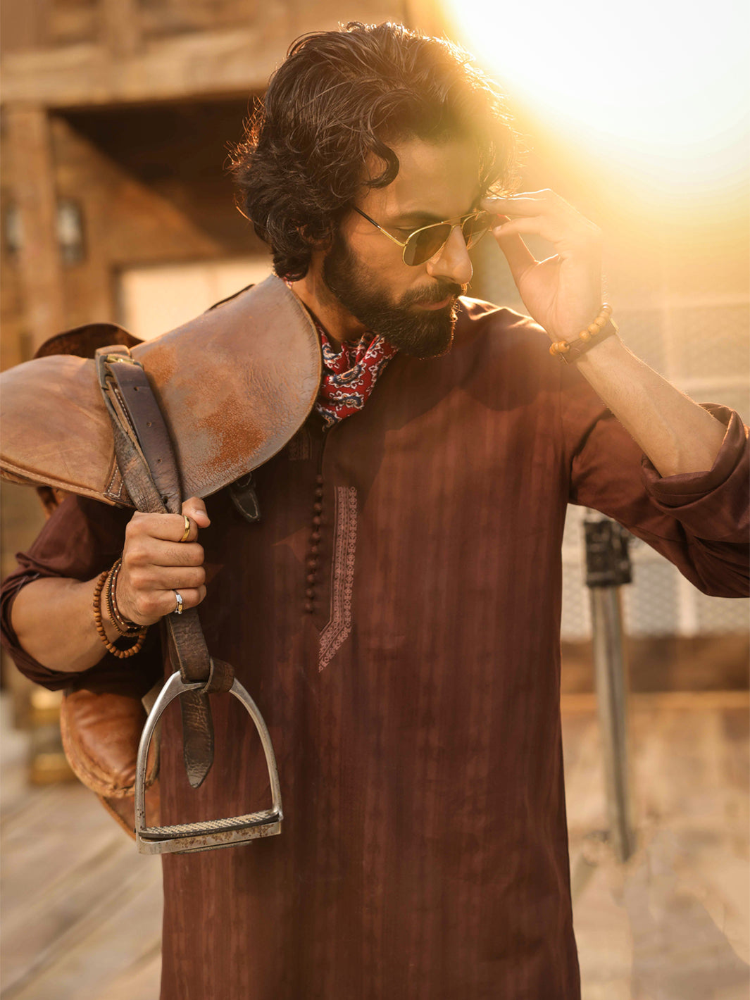 Dark Brown Cotton Screen Print Kurta Trousers - AL-KT-3409