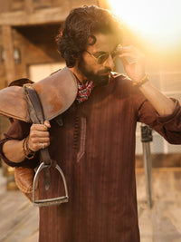 Dark Brown Cotton Screen Print Kurta Trousers - AL-KT-3409