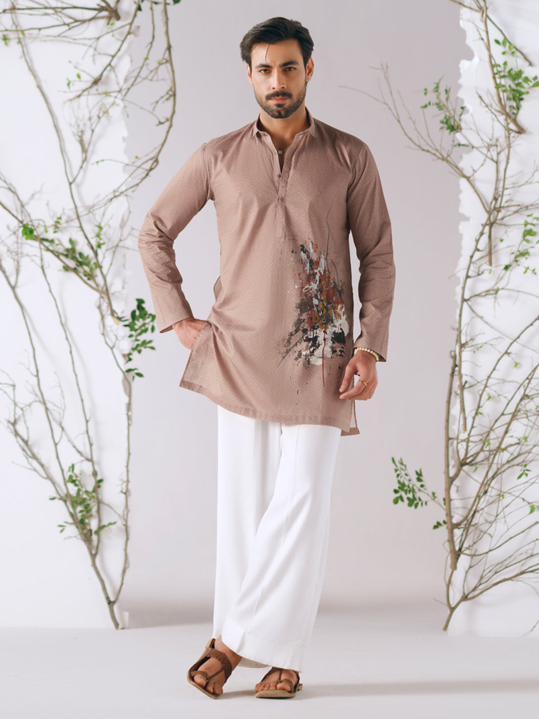 Beige Cotton Plain Kurta Trousers - AL-KT-3411