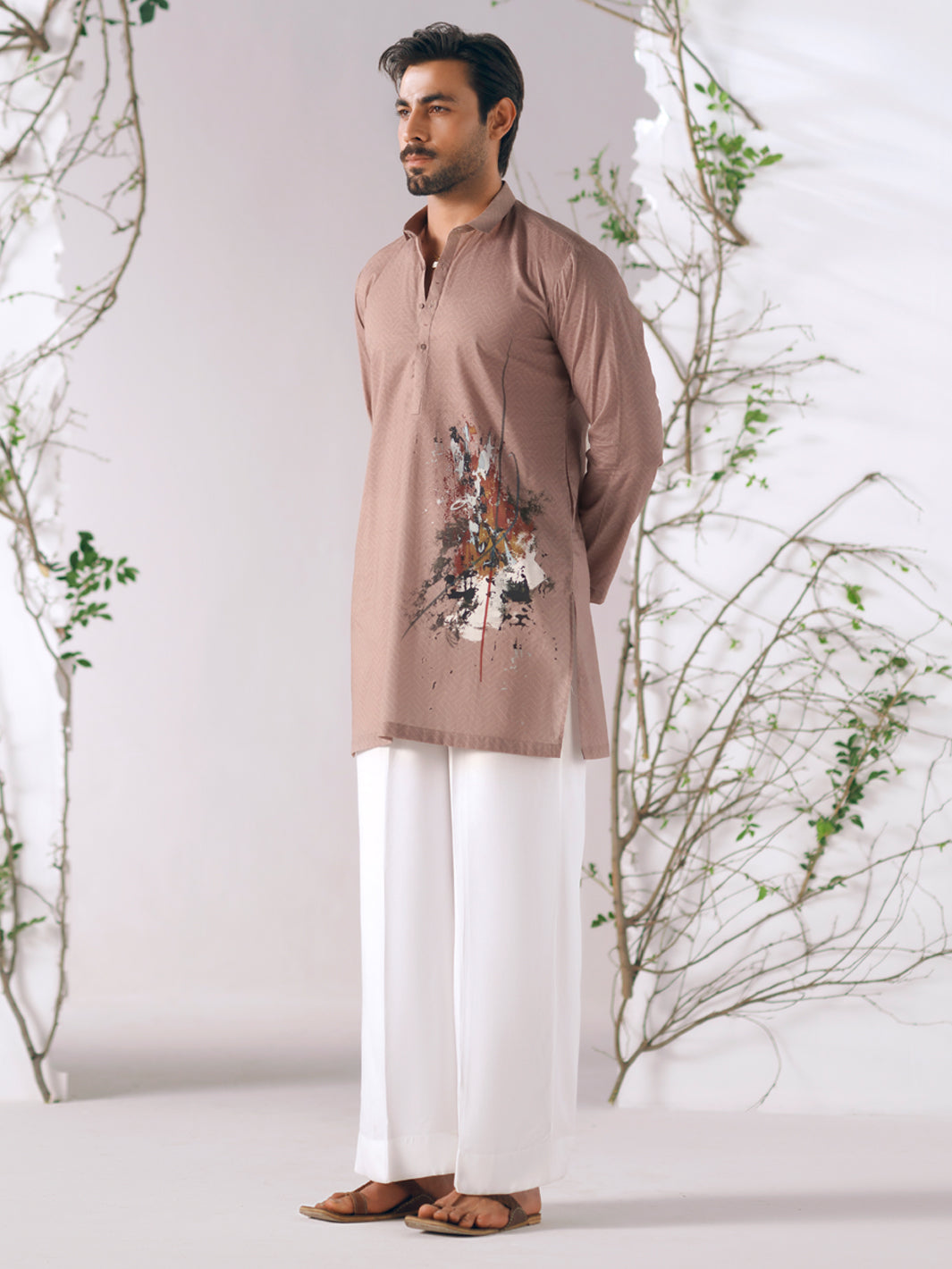 Beige Cotton Plain Kurta Trousers - AL-KT-3411