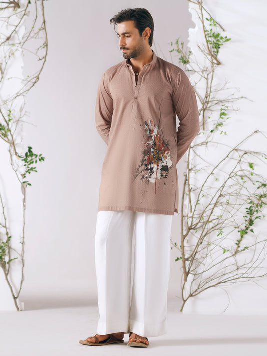 Beige Cotton Plain Kurta Trousers - AL-KT-3411