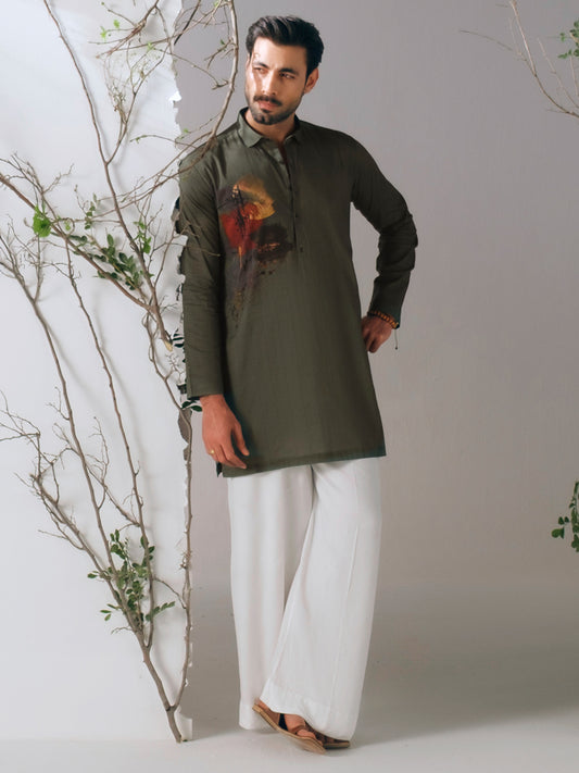 Dark Green Cotton Plain Kurta Trousers - AL-KT-3413