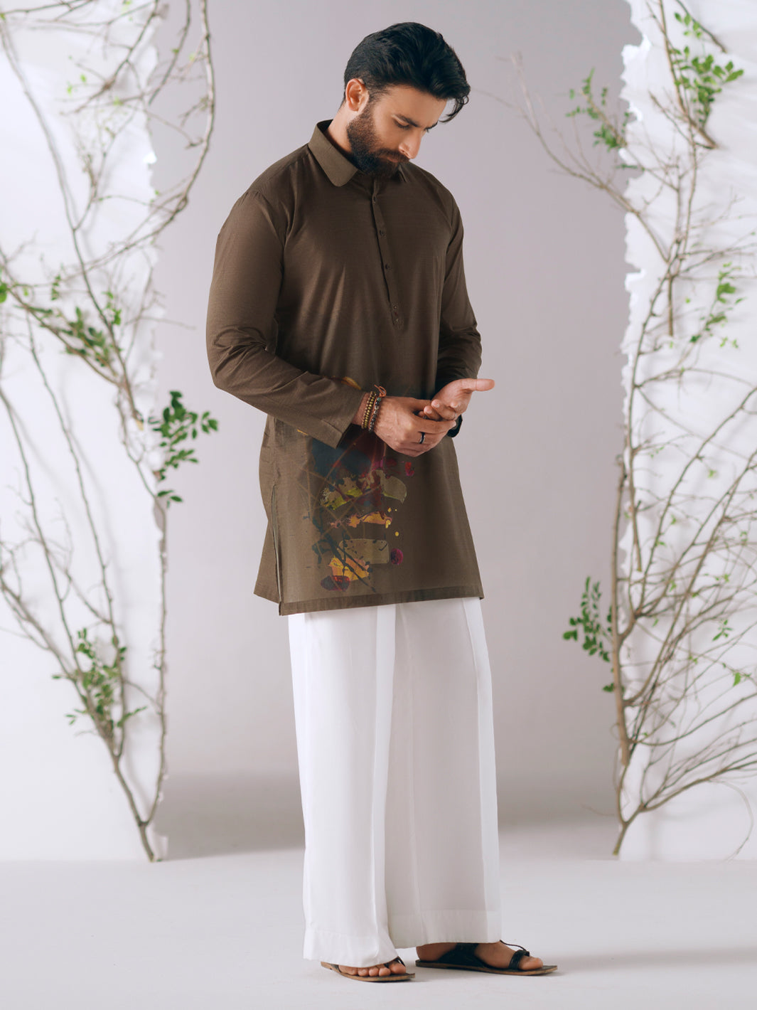 Olive Green Cotton Plain Kurta Trousers - AL-KT-3414