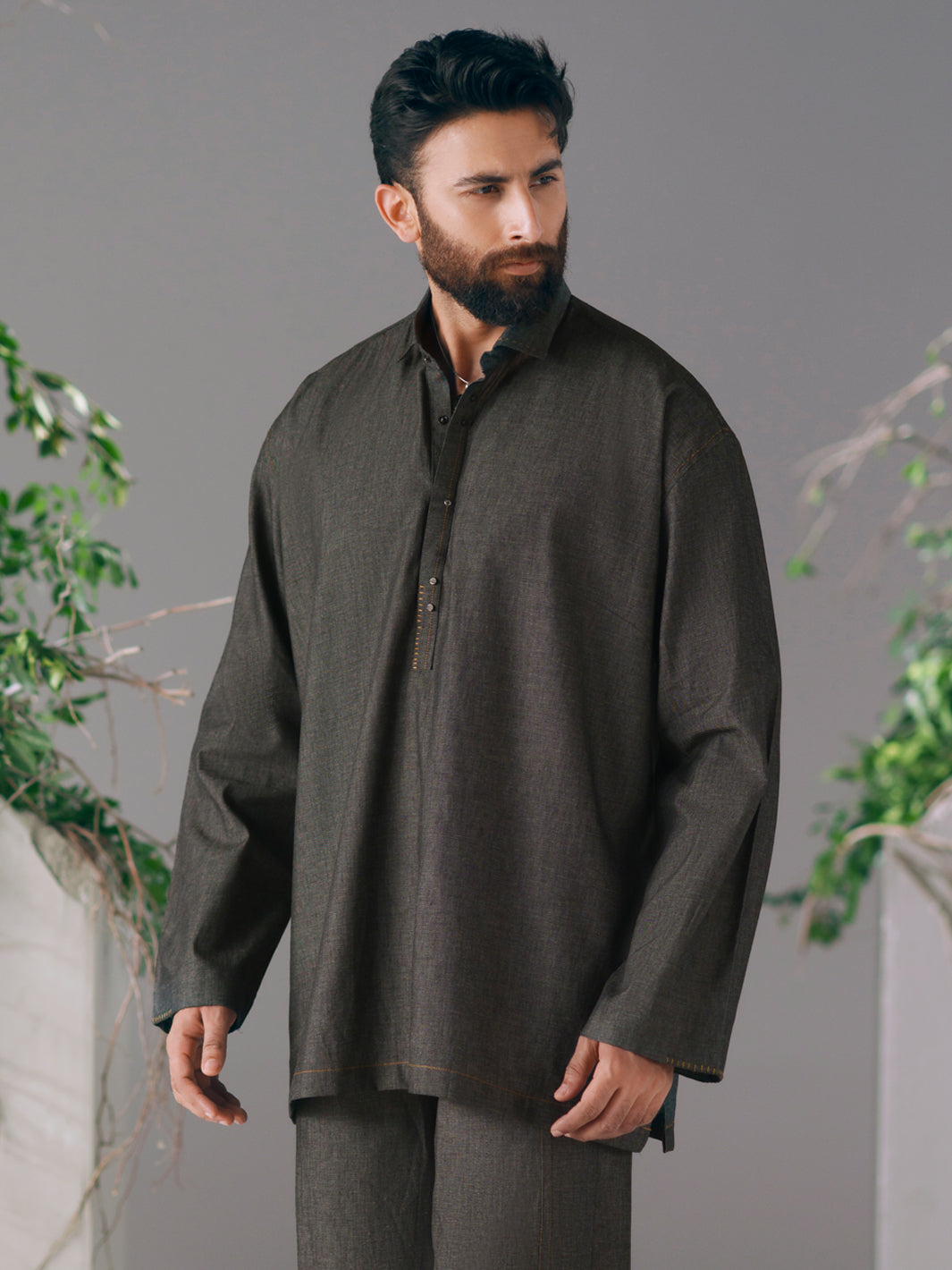 Charcoal Cotton Cut & Sew Kurta Trousers - AL-KT-3422