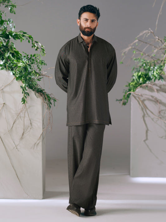 Charcoal Cotton Cut & Sew Kurta Trousers - AL-KT-3422