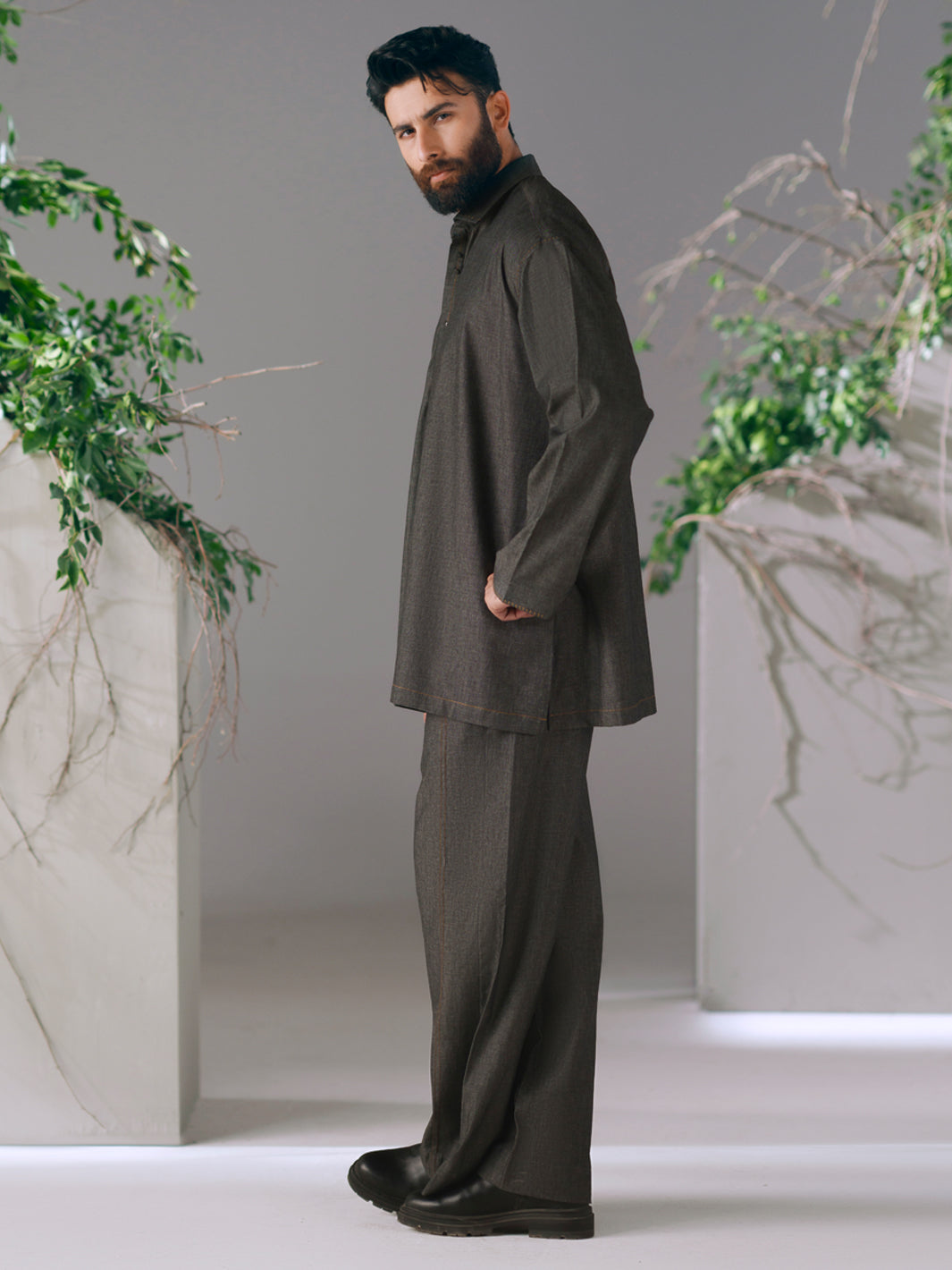 Charcoal Cotton Cut & Sew Kurta Trousers - AL-KT-3422