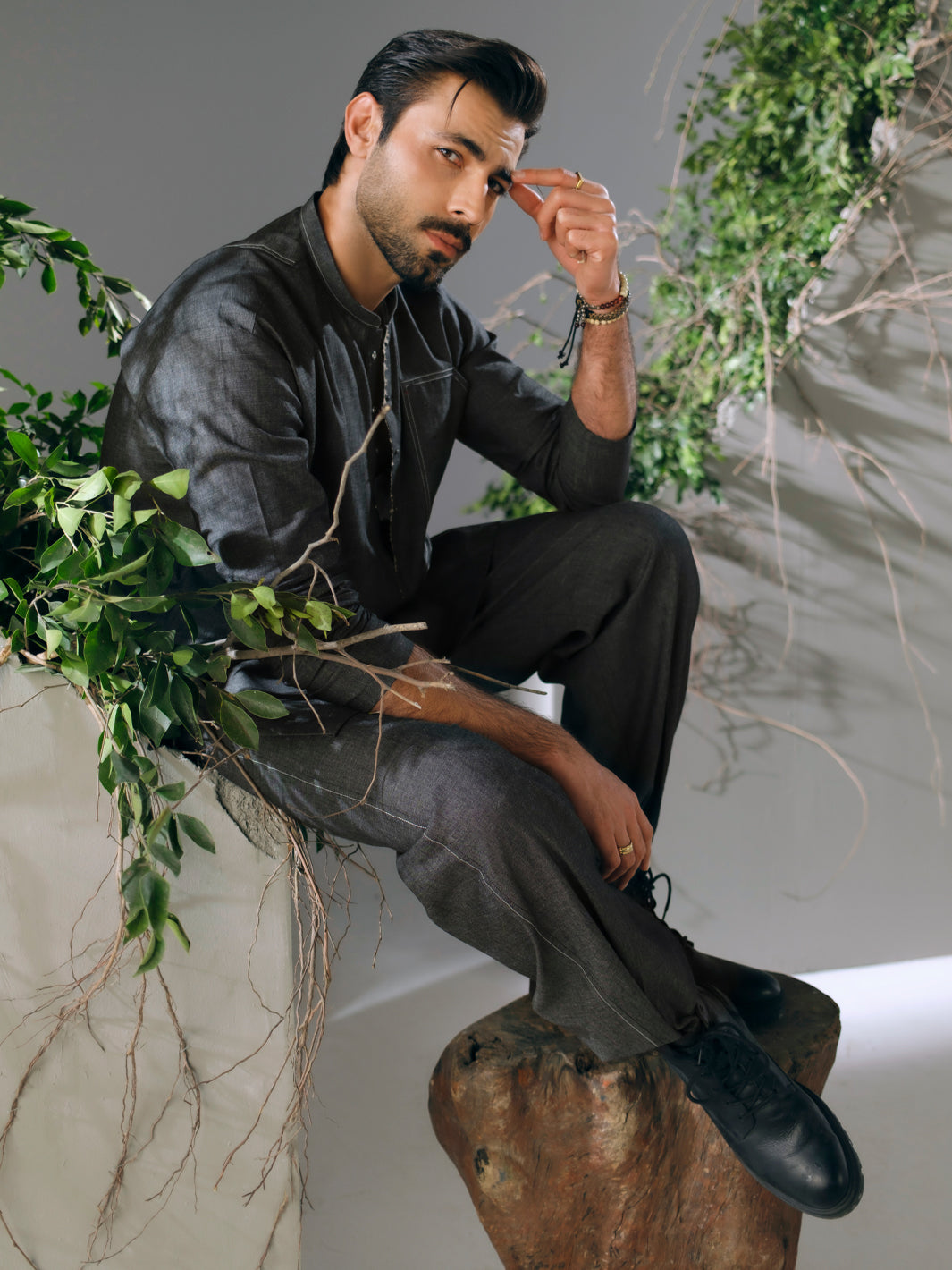 Charcoal Cotton Cut & Sew Kurta Trousers - AL-KT-3423