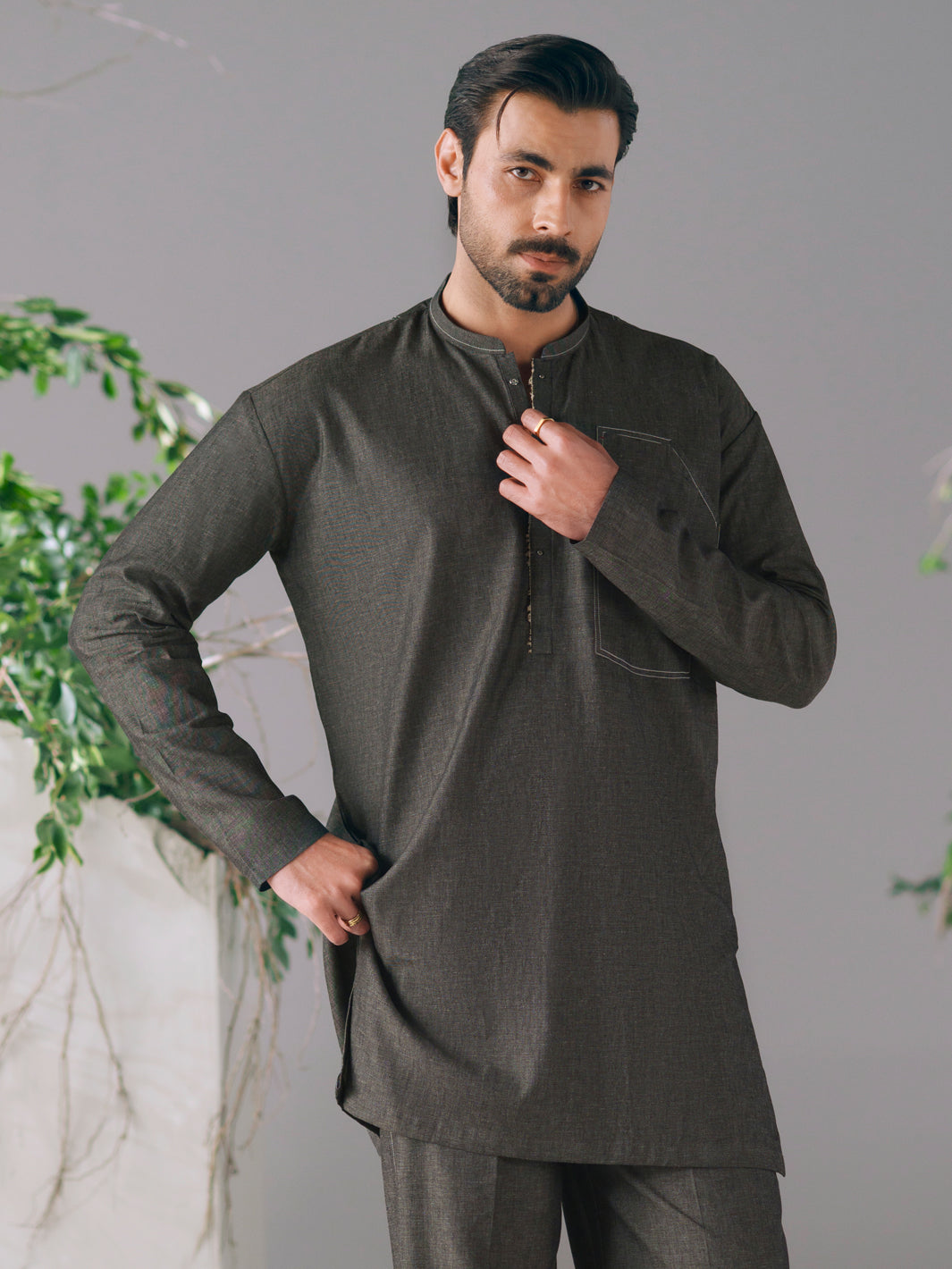 Charcoal Cotton Cut & Sew Kurta Trousers - AL-KT-3423