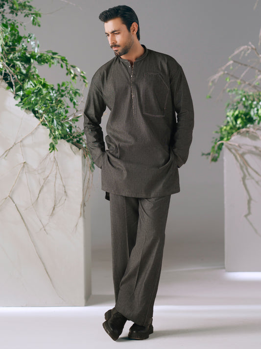 Charcoal Cotton Cut & Sew Kurta Trousers - AL-KT-3423