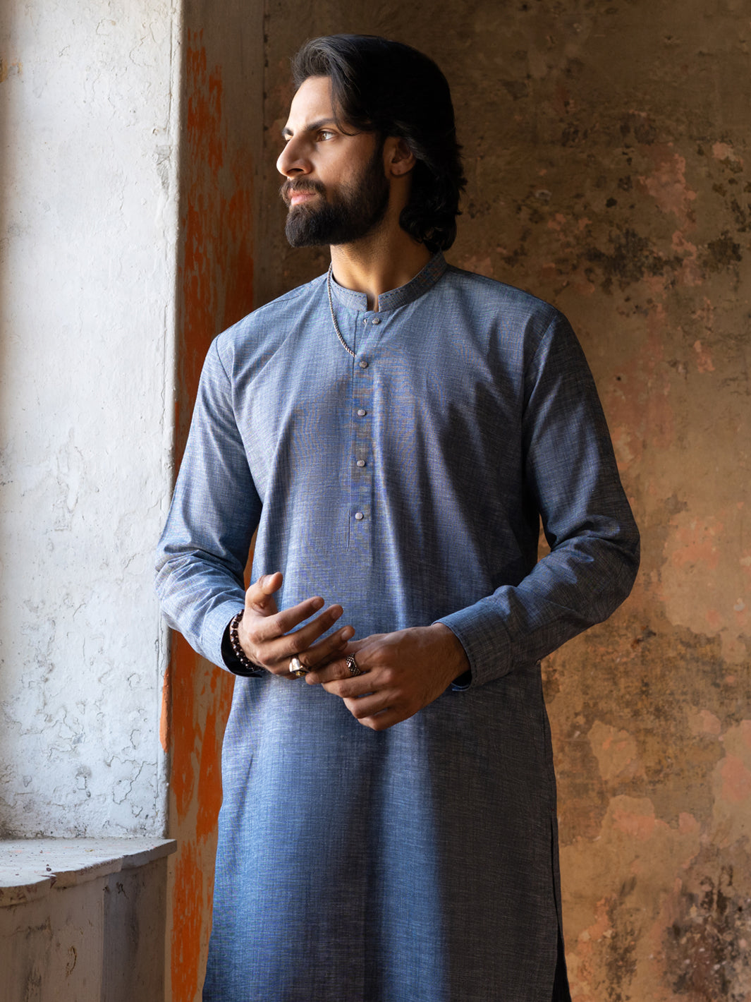 Ice Blue Cut & Sew Kurta Trousers - AL-KT-3502