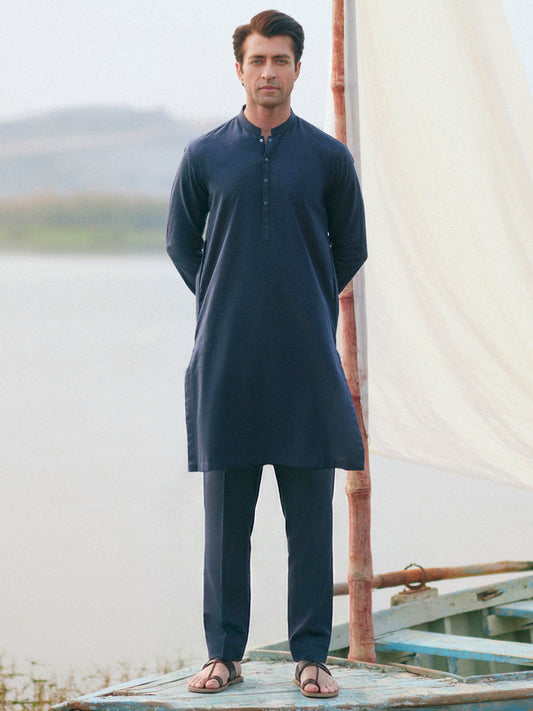 Dark Blue Cut & Sew Kurta Trousers - AL-KT-3505