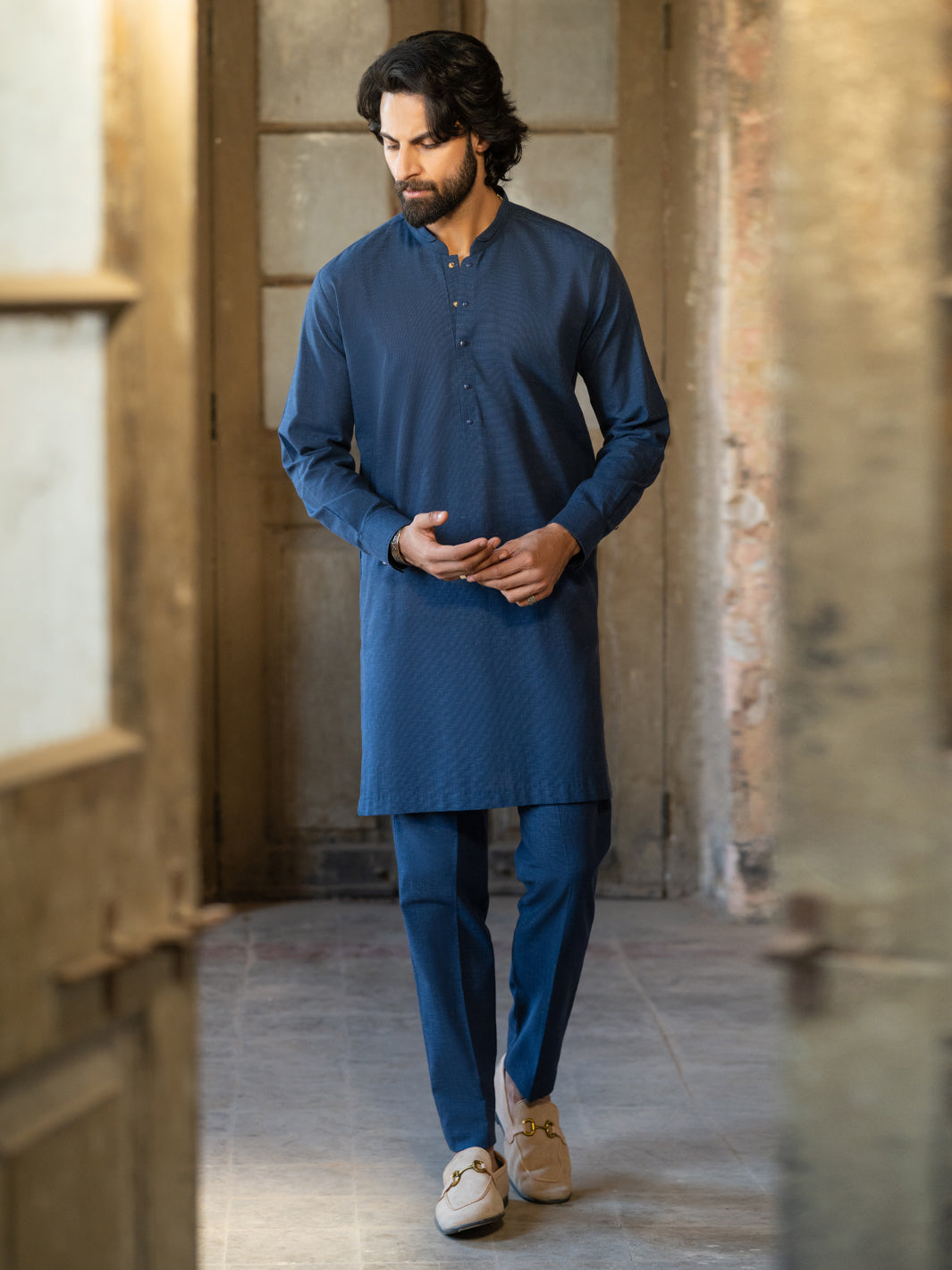 Dark Blue Cut & Sew Kurta Trousers - AL-KT-3510