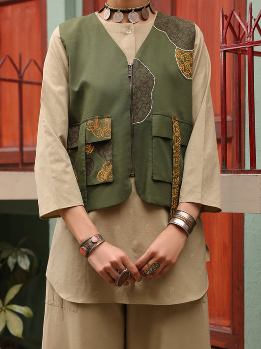 Green Mehndi Cambric Waistcoat - AL-LK-LCT-917