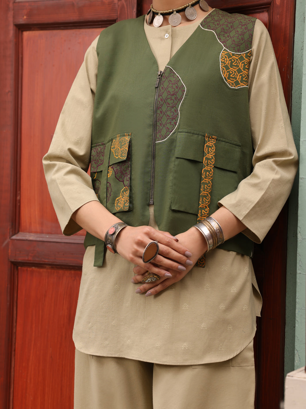 Green Mehndi Cambric Waistcoat - AL-LK-LCT-917