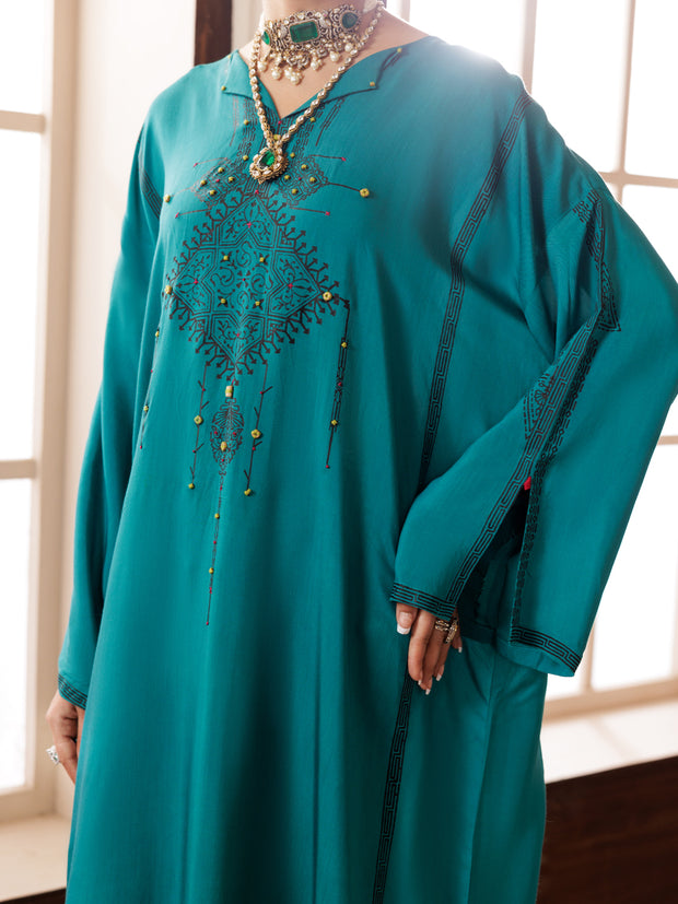 Turquoise Maple Silk Tunic - AL-LK-1007 - Almirah Online