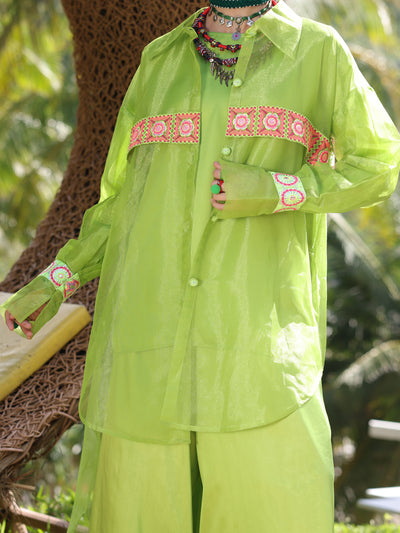 Parrot Green Shimmer Poly-Net Tunic - AL-LK-963 - Almirah Online