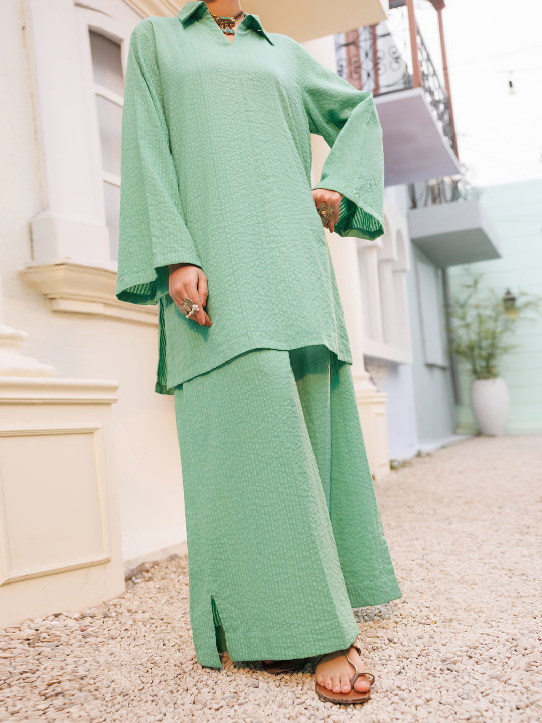 Green Seersucker 2Pc Stitched - AL-2PS-LKS-1122