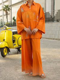 Orange Seersucker Stitched 2Pc - AL-2PS-LKS-1134