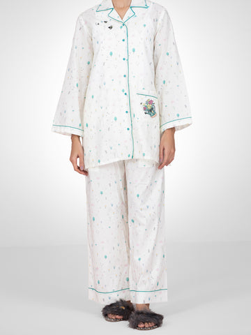 OFF WHITE COTTON 2 PIECE STITCHED NIGHTWEAR - AL-LKS-NW-1012