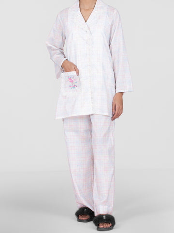 WHITE COTTON 2 PIECE STITCHED NIGHTWEAR - AL-LKS-NW-1013