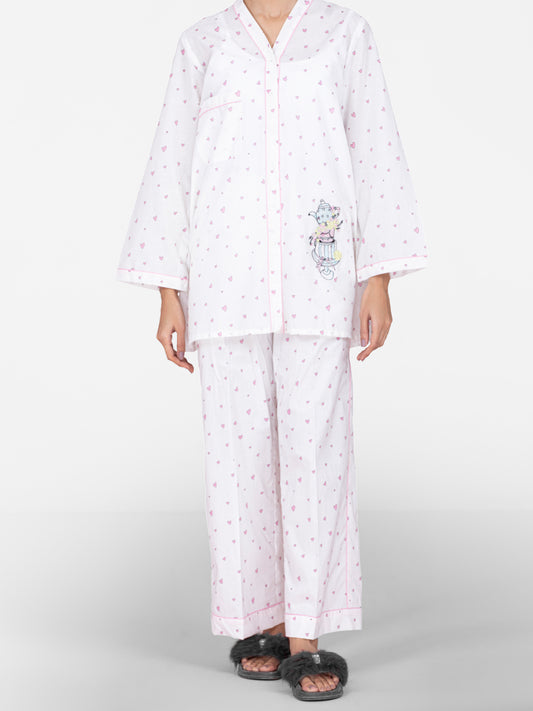 White Cotton 2 Piece Stitched Nightwear - AL-LKS-NW-1014