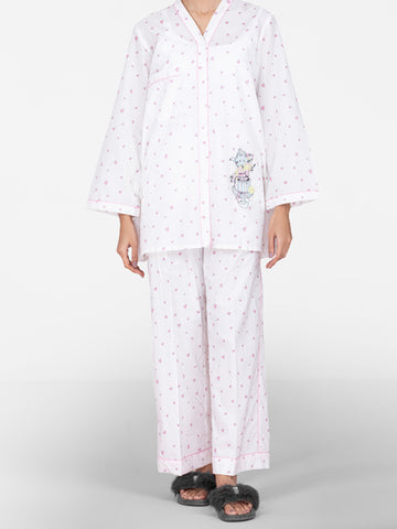 WHITE COTTON 2 PIECE STITCHED NIGHTWEAR - AL-LKS-NW-1014