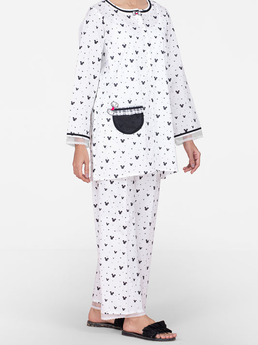 Black & White Cotton 2 Piece Stitched Nightwear - AL-LKS-NW-1016