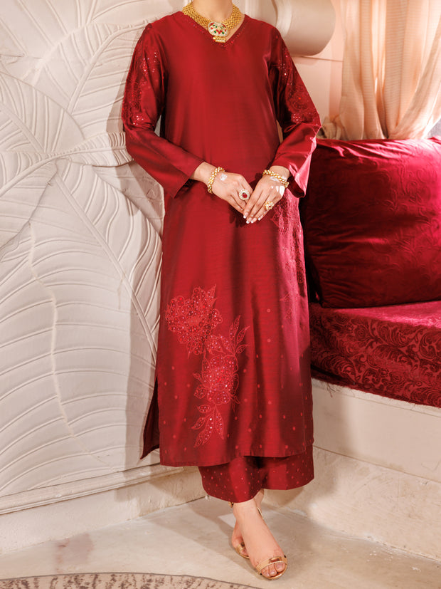 Maroon Raw Silk 2 Piece Formal Stitched - AL-LS-LKS-478 - Almirah Online