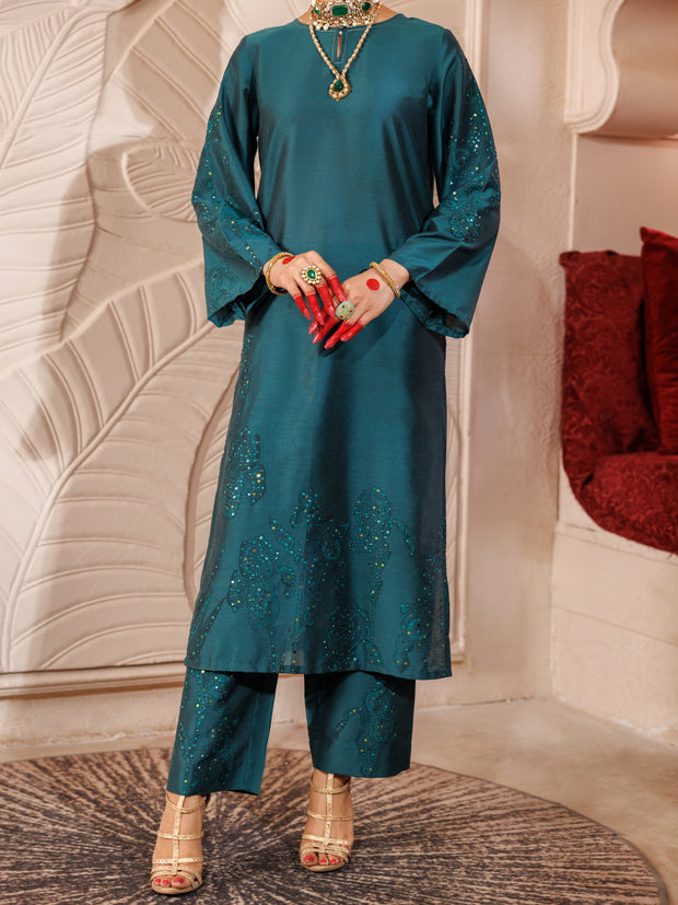 Green Raw Silk 2 Piece Formal Stitched - AL-LS-LKS-479 - Almirah Online