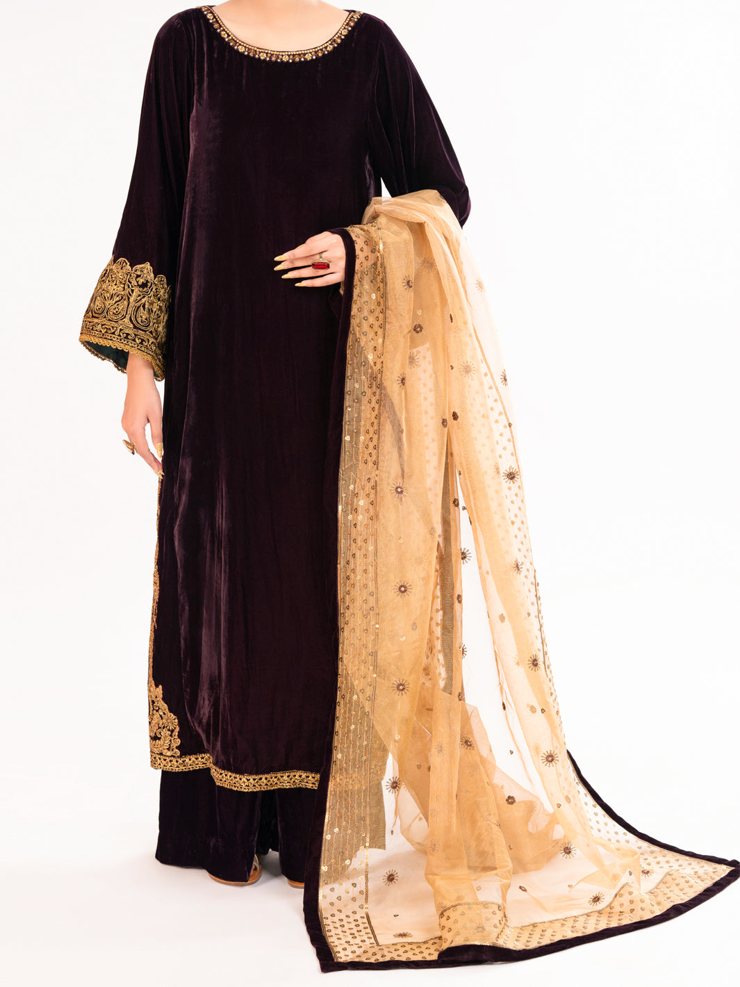 Maroon Velvet Formal 3Pc Stitched - AL-3PS-LS-560